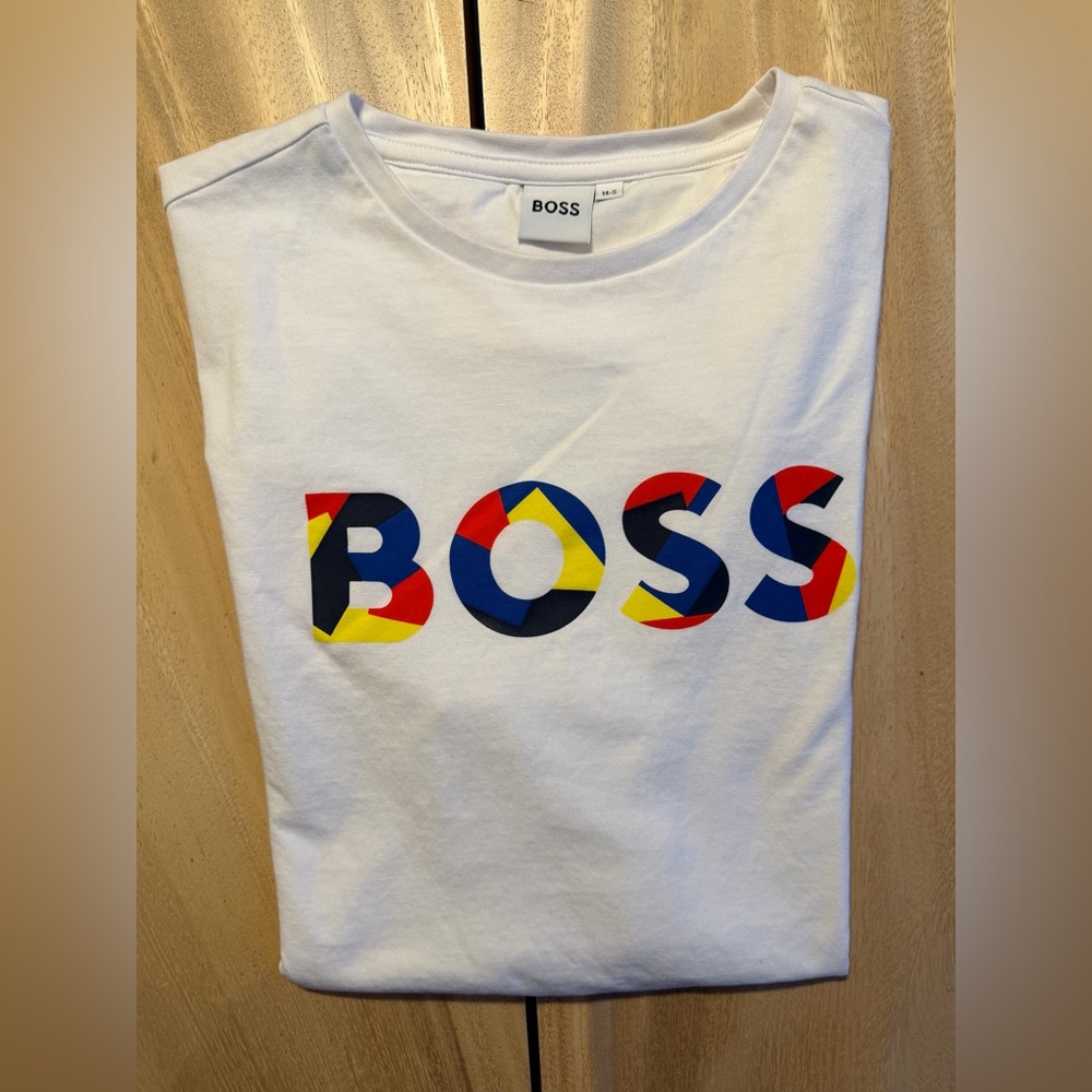 BOSS Boy’s White Logo Tee with Multicolor Graphic